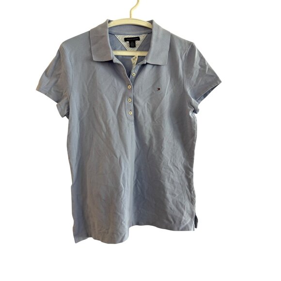 Tommy Hilfiger Polo Shirt Womens Large Blue Short Sleeve Button-Up Collared Casu - Picture 1 of 6
